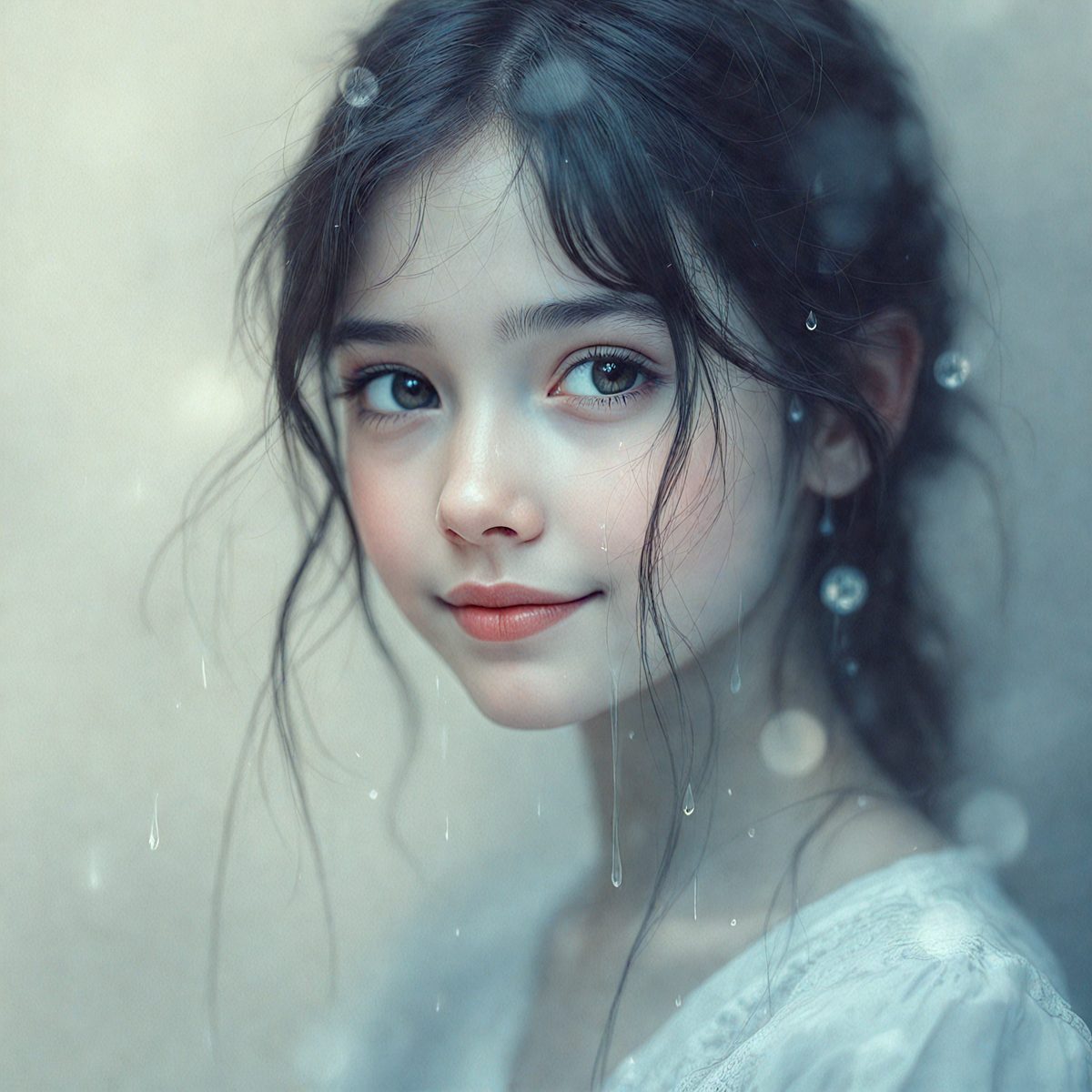 The primary subject of the image is a young girl with long hair, who is looking at the camera. She is wearing a white dress and has a pink lipstick on her lips. The setting is a room with a mirror, and the visual style is a painting. The colors in the image are predominantly white and pink, creating a soft and delicate atmosphere.